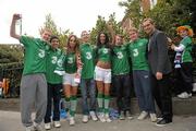 2 September 2011; Former Republic of Ireland star Jason McAteer, who scored the famous winning goal against Holland to secure a place at the 2002 World Cup ten years ago this week, with models Georgia Salpa and Daniella Moyles and fans Oisin O'Neill, Robert Evans, Luke Whelan, Dean Coor and Adam O'Sullivan from Kilcoole, Co. Wicklow at the Aviva Stadium where they were giving out free jerseys to fans as part of Three’s ‘Go Green with Pride’ campaign that is giving Irish fans the chance to trade in their old Republic of Ireland football jerseys in any Champion Sports store nationwide and get €20 off the brand new Republic of Ireland home jersey. The traded in jerseys will be collected and donated to Friends In Ireland, a charity founded by Marian Finucane that cares for orphans and vulnerable children affected by HIV/AIDS in South Africa. Aviva Stadium, Lansdowne Road, Dublin. Photo by Sportsfile