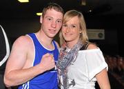 2 September 2011; Ray Moylette, European Elite Champion, celebrates with his girlfriend Sharon McGing after he is declared the winner of the 64kg Irish Senior Elite Box-Off bout against Ross Hickey, Grangecon. Irish Amateur Box-Off, National Stadium, Dublin. Picture credit: Barry Cregg / SPORTSFILE