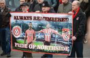 23 March 2017; Derry City fans in attendance at the funeral of Ryan McBride, the late Derry City captain who passed away suddenly at the age of 27, at St Columba's Church in Derry. Photo by Oliver McVeigh / Sportsfile