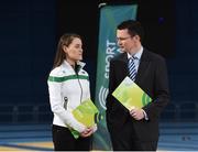 23 March 2017; In attendance at the Sport Ireland’s Anti-Doping Annual Review for 2016 is Patrick O'Donovan, T.D., Minister of State for Tourism and Sport, and athlete Ciara Mageean. The event took place at Sport Ireland National Sports Campus in Blanchardstown, Co Dublin. Photo by Seb Daly/Sportsfile