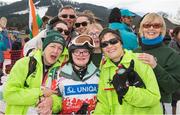 23 March 2017; Team Ireland's Laoise Kenny, a member of Kilternan Karvers Special Olympics Club, from Monkstown, Co. Dublin, and her mother Joan, right, and family members Geri Carroll, Kathleen McKernan, Emma Queally, Austin Kenny,  Caoimhe Kenny and Mossy Queally after competing in an Alpine Slalom Final at the 2017 Special Olympics World Winter Games at Schladming-Rohrmoos, Stadthalle Graz, in Graz, Austria. Photo by Ray McManus/Sportsfile