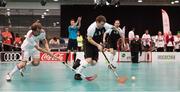 23 March 2017; Team Ireland's George Fitzgerald, a member of Waterford Special Olympics Club, from John’s Hill, County Waterford, in action against Sandro Sax of Switzerland during the Floorball third and fourth place play off game between Ireland and Switzerland at the 2017 Special Olympics World Winter Games in the Messe Graz Center, Graz, Austria. Photo by Ray McManus/Sportsfile