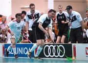 23 March 2017; Team Ireland's William McGrath, a member of Waterford Special Olympics Club, from Kilmacthomas, Co. Waterford, in action against Philipp Lachenmeier of Switzerland during the Floorball third and fourth place play off game between Ireland and Switzerland at the 2017 Special Olympics World Winter Games in the Messe Graz Center, Graz, Austria. Photo by Ray McManus/Sportsfile