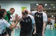 23 March 2017; Goalscorer Team Ireland's George Fitzgerald, 3, a member of Waterford Special Olympics Club, from John’s Hill, County Waterford, is congratulated by team mate William McGrath, from Kilmacthomas, Co. Waterford, and assistant coach Caroline O'Donnell after he had scored the third goal during the Floorball third and fourth place play off game between Ireland and Switzerland at the 2017 Special Olympics World Winter Games in the Messe Graz Center, Graz, Austria. Photo by Ray McManus/Sportsfile