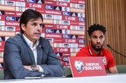 23 March 2017; Wales manager Chris Coleman with captain Ashley Williams during a press conference at the Aviva Stadium in Dublin. Photo by Matt Browne/Sportsfile
