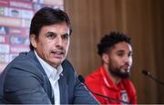 23 March 2017; Chris Coleman manager of Wales with captain Ashley Williams during a press conference at the Aviva Stadium in Dublin. Photo by Matt Browne/Sportsfile