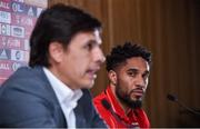 23 March 2017; Wales captain Ashley Williams and manager Chris Coleman during a press conference at the Aviva Stadium in Dublin. Photo by Matt Browne/Sportsfile