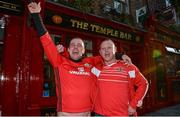 23 March 2017; Wales supporters Nathan Williams and Matthew Burrows, from Rhondda Valley, in Wales, pictured in Temple Bar, Dublin, ahead of the FIFA World Cup Qualifier Group D match between Republic of Ireland and Wales at the Aviva Stadium in Dublin. Photo by Sam Barnes/Sportsfile