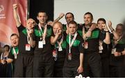 24 March 2017; Team Ireland 2, who finished 4th, including athletes, from left, Lee Ryan Byrne, a member of Sports Club 15 Special Olympics Club, from Donaghmede, Dublin,  Richard Moran, a member of COPE Foundation Cork Special Olympics Club, from Crosshaven, Co. Cork, Raymond McClearn, a member of Loughrea Training Centre Special Olympics Club, from Loughrea, Co. Galway, John Paul Shaw, a member of Shoot’n’Stars Special Olympics Club, from Longford Town, Co. Longford Matthew Colgan, a member of Estuary Centre Special Olympics Club, from Swords, Co. Dublin, Thomas Caulfield, a member of Stewartscare Special Olympics Club, from Ballyfermot, Dublin, and Team Ireland's Lorcan Byrne, a member of Stewartscare Special Olympics Club, from Ballyfermot, Dublin, during the presentations following the Floorball competitions at the 2017 Special Olympics World Winter Games in the Messe Graz Center, Graz, Austria.Photo by Ray McManus/Sportsfile