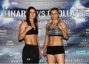 24 March 2017; Katie Taylor, left, with Milena Koleva following the weigh-in ahead of their Manchester Fight Night super featherweight bout. Radisson Blu Hotel, Manchester, England. Photo by Lawrence Lustig/Sportsfile