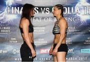 24 March 2017; Katie Taylor, left, faces off with Milena Koleva following the weigh-in ahead of their Manchester Fight Night super featherweight bout. Radisson Blu Hotel, Manchester, England. Photo by Lawrence Lustig/Sportsfile