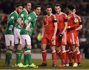 24 March 2017; Players from both teams prepare for a corner kick during the FIFA World Cup Qualifier Group D match between Republic of Ireland and Wales at the Aviva Stadium in Dublin. Photo by Seb Daly/Sportsfile