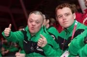 24 March 2017; Team Ireland's Sean McCartan, right, a member of Skiability Special Olympics Club, from Carryduff, Co. Antrim, and Cyril Walker, a member of Skiability Special Olympics Club, from Markethill, Co. Armagh, at the 2017 Special Olympics World Winter Games Closing Ceremony in Stadium Graz, Graz, Austria. Photo by Ray McManus/Sportsfile