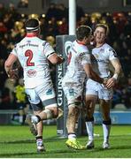 24 March 2017; Craig Gilroy of Ulster celebrates his try with team mate Sean Reidy during the Guinness PRO12 Round 18 match between Newport Gwent Dragons and Ulster at Rodney Parade in Newport, Wales. Photo by Ben Evans/Sportsfile