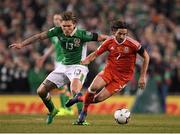 24 March 2017; Joe Allen of Wales in action against Jeff Hendrick of Republic of Ireland during FIFA World Cup Qualifier Group D match between Republic of Ireland and Wales at the Aviva Stadium in Dublin. Photo by Brendan Moran/Sportsfile