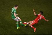 24 March 2017; (EDITORS NOTE: Image contains graphic content.) Seamus Coleman of Republic of Ireland is tackled by Neil Taylor of Wales during the FIFA World Cup Qualifier Group D match between Republic of Ireland and Wales at the Aviva Stadium in Dublin. Photo by Stephen McCarthy/Sportsfile