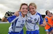 3 September 2011; Monaghan players Laura McEnaney, left, and Lavina Connolly, right, celebrate after the game. TG4 All-Ireland Ladies Senior Football Championship Semi-Final, Kerry v Monaghan, St. Brendan's Park, Birr, Co. Offaly. Picture credit: Barry Cregg / SPORTSFILE