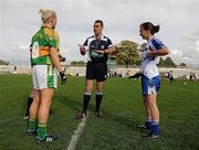 3 September 2011; Referee Keith Tighe asks Kerry captain Bernie Breen, left, what end will her side will play after the coin toss as Monaghan captain Sharon Courtney looks on. TG4 All-Ireland Ladies Senior Football Championship Semi-Final, Kerry v Monaghan, St. Brendan's Park, Birr, Co. Offaly. Picture credit: Barry Cregg / SPORTSFILE