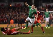 24 March 2017; (EDITORS NOTE: Image contains graphic content.) Seamus Coleman of Republic of Ireland is tackled by Neil Taylor of Wales during the FIFA World Cup Qualifier Group D match between Republic of Ireland and Wales at the Aviva Stadium in Dublin. Photo by David Maher/Sportsfile
