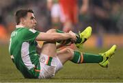24 March 2017; Seamus Coleman of Republic of Ireland holds his leg after picking up an injury during the FIFA World Cup Qualifier Group D match between Republic of Ireland and Wales at the Aviva Stadium in Dublin. Photo by Brendan Moran/Sportsfile