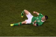 24 March 2017; (EDITORS NOTE: Image contains graphic content.) Seamus Coleman of Republic of Ireland after he was tackled by Neil Taylor of Wales during the FIFA World Cup Qualifier Group D match between Republic of Ireland and Wales at the Aviva Stadium in Dublin. Photo by Stephen McCarthy/Sportsfile
