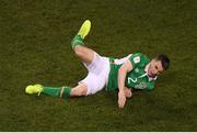 24 March 2017; (EDITORS NOTE: Image contains graphic content.) Seamus Coleman of Republic of Ireland after he was tackled by Neil Taylor of Wales during the FIFA World Cup Qualifier Group D match between Republic of Ireland and Wales at the Aviva Stadium in Dublin. Photo by Stephen McCarthy/Sportsfile