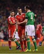 24 March 2017; John O'Shea of Republic of Ireland and Gareth Bale of Wales following the FIFA World Cup Qualifier Group D match between Republic of Ireland and Wales at the Aviva Stadium in Dublin. Photo by Ramsey Cardy/Sportsfile