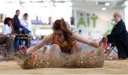 25 March 2017; Jennifer Hanrahan of Brothers Pearse AC, Co Dublin, on her way to winning the U15 Girl's Long Jump during day one of the Irish Life Health National Juvenile Indoor Championships 2017 at AIT International Arena in Athlone, Co. Westmeath. Photo by Sam Barnes/Sportsfile