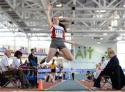 25 March 2017; Emma Quirk of Greystones and District AC, Co Wicklow, competing in the U15 Girl's Long Jump during day one of the Irish Life Health National Juvenile Indoor Championships 2017 at AIT International Arena in Athlone, Co. Westmeath. Photo by Sam Barnes/Sportsfile