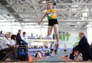 25 March 2017; Jennifer Hanrahan of Brothers Pearse AC, Co Dublin, on her way to winning the U15 Girl's Long Jump during day one of the Irish Life Health National Juvenile Indoor Championships 2017 at AIT International Arena in Athlone, Co. Westmeath. Photo by Sam Barnes/Sportsfile
