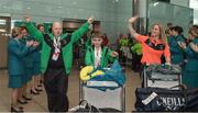 25 March 2017; Team Ireland's Richard Moran, a member of COPE Foundation Cork Special Olympics Club, from Crosshaven, Co. Cork, left, Caolan McConville, a member of Skiability Special Olympics Club, from Aghagallon, Co. Armagh, and Head of Delegation Karen Coventry as Team Ireland returned from the 2017 Special Olympics World Winter Games in Graz, Austria, at Dublin Airport in Dublin. Photo by Ray McManus/Sportsfile