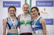 25 March 2017; U17 Women's Pole Vault medallists, from left, Harriet Dougan of Lagan Valley AC, Co. Antrim, bronze, Emma Coffey of Carraig na bhFear AC, Co. Cork, gold, and Ella Duane of St Laurence O'Toole AC, Co. Carlow, silver, during day one of the Irish Life Health National Juvenile Indoor Championships 2017 at AIT International Arena in Athlone, Co. Westmeath. Photo by Sam Barnes/Sportsfile