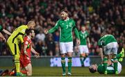 24 March 2017; John O'Shea of Republic of Ireland lies injured after a tackle by Gareth Bale of Wales during the FIFA World Cup Qualifier Group D match between Republic of Ireland and Wales at the Aviva Stadium in Dublin. Photo by Ramsey Cardy/Sportsfile