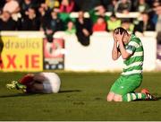 25 March 2017; Sean Heaney of Shamrock Rovers reacts after fouling Conan Byrne of St. Patricks Athletic, leading to his second yellow card during the SSE Airtricity League Premier Division game between St Patrick's Athletic and Shamrock Rovers at Richmond Park in Dublin. Photo by Seb Daly/Sportsfile
