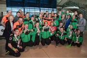 25 March 2017; Mayor of Fingal, Cllr. Darragh Butler, Deputy Mayor of Fingal. Cllr. Eithne Loftus, Regina Doherty, TD, Government Chief Whip and Minister of State at the Department of the Taoiseach, Special Olympics Ireland CEO Matt English and Declan Kearney, Director of Communications at Aer Lingus, with Team Ireland athletes and coaches after they returned from the 2017 Special Olympics World Winter Games in Graz, Austria, at Dublin Airport in Dublin. Photo by Ray McManus/Sportsfile