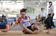 25 March 2017; Charlie Lyons of Crusaders AC, Co. Dublin, competing in the U15 Men's Long Jump during day one of the Irish Life Health National Juvenile Indoor Championships 2017 at AIT International Arena in Athlone, Co. Westmeath. Photo by Sam Barnes/Sportsfile