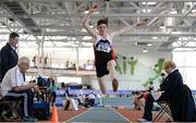 25 March 2017; Nyle Carolan of Shercock AC, Co. Cavan, competing in the U15 Men's Long Jump during day one of the Irish Life Health National Juvenile Indoor Championships 2017 at AIT International Arena in Athlone, Co. Westmeath. Photo by Sam Barnes/Sportsfile