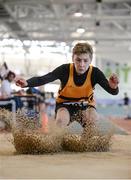 25 March 2017; Hugh Collins of Leevale AC, Co. Cork, on his way to finishing second in the U15 Men's Long Jump during day one of the Irish Life Health National Juvenile Indoor Championships 2017 at AIT International Arena in Athlone, Co. Westmeath. Photo by Sam Barnes/Sportsfile