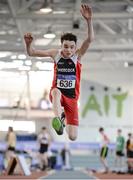 25 March 2017; Sean Harding of Shercock AC, Co. Cavan, competing in the U15 Men's Long Jump during day one of the Irish Life Health National Juvenile Indoor Championships 2017 at AIT International Arena in Athlone, Co. Westmeath. Photo by Sam Barnes/Sportsfile