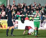 25 March 2017; Sean Heaney of Shamrock Rovers reacts after being shown a red card by referee Paul McLaughlin during the SSE Airtricity League Premier Division game between St Patrick's Athletic and Shamrock Rovers at Richmond Park in Dublin. Photo by Seb Daly/Sportsfile