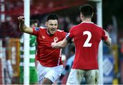 25 March 2017; Josh O’Hanlon, left, of St. Patricks Athletic celebrates after scoring his side's second goal during the SSE Airtricity League Premier Division game between St Patrick's Athletic and Shamrock Rovers at Richmond Park in Dublin. Photo by Seb Daly/Sportsfile
