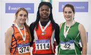 25 March 2017; U17 Women's Shot Put medallists, from left, Sophie Meredith of St Mary's AC, Co. Limerick, bronze, Lystus Ebosele of Enniscorthy Juvenile AC, Co. Wexford, gold, and Aoife Jane Lenehan of Cushinstown AC, Co. Meath, silver, during day one of the Irish Life Health National Juvenile Indoor Championships 2017 at AIT International Arena in Athlone, Co. Westmeath. Photo by Sam Barnes/Sportsfile
