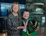 25 March 2017; Regina Doherty, TD, Government Chief Whip and Minister of State at the Department of the Taoiseach with Team Ireland's Lee Ryan Byrne, a member of Sports Club 15 Special Olympics Club, from Donaghmede, Dublin, as the Team Ireland athletes and supporters returned from the 2017 Special Olympics World Winter Games in Graz, Austria, at Dublin Airport in Dublin. Photo by Ray McManus/Sportsfile