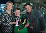 25 March 2017; Regina Doherty, TD, Government Chief Whip and Minister of State at the Department of the Taoiseach with Team Ireland's Lee Ryan Byrne, a member of Sports Club 15 Special Olympics Club, from Donaghmede, Dublin, and Declan Kearney, right, Director of Communications at Aer Lingus, as the Team Ireland athletes and supporters returned from the 2017 Special Olympics World Winter Games in Graz, Austria, at Dublin Airport in Dublin. Photo by Ray McManus/Sportsfile