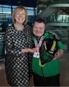 25 March 2017; Regina Doherty, TD, Government Chief Whip and Minister of State at the Department of the Taoiseach with Team Ireland's Lee Ryan Byrne, a member of Sports Club 15 Special Olympics Club, from Donaghmede, Dublin, as the Team Ireland athletes and supporters returned from the 2017 Special Olympics World Winter Games in Graz, Austria, at Dublin Airport in Dublin. Photo by Ray McManus/Sportsfile