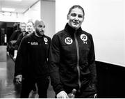 25 March 2017; (EDITORS NOTE: Image converted to black and white) Katie Taylor arrives prior to her Manchester Fight Night super featherweight bout at Manchester Arena in Manchester, England. Photo by Lawrence Lustig/Sportsfile
