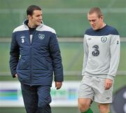 4 September 2011; Republic of Ireland's John O'Shea and Richard Dunne leave the training pitch early during squad training ahead of their EURO 2012 Championship Qualifier against Russia on Tuesday. Republic of Ireland Squad Training, Gannon Park, Malahide, Dublin. Picture credit: David Maher / SPORTSFILE