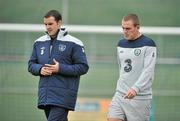 4 September 2011; Republic of Ireland's John O'Shea and Richard Dunne leave the training pitch early during squad training ahead of their EURO 2012 Championship Qualifier against Russia on Tuesday. Republic of Ireland Squad Training, Gannon Park, Malahide, Dublin. Picture credit: David Maher / SPORTSFILE
