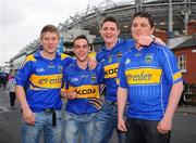 4 September 2011; Tipperary supporters, left to right, Paul McCarthy, Alan O'Connor, Declan Doyle, and Brendan Doyle, from Fethard, Co. Tipperary, on their way to the game. Supporters at the GAA Hurling All-Ireland Championship Finals, Croke Park, Dublin. Picture credit: Dáire Brennan / SPORTSFILE