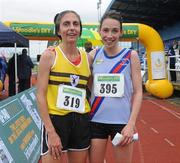 3 September 2011; Winner Ava Hutchinson, right, from Dundrum South Dublin A.C, and second placed Gladys Ganiel-O'Neill, from North Belfast Harriers A.C, Co. Antrim, after the Woodie's DIY AAI National Half Marathon, Waterford. Picture credit: Matt Browne / SPORTSFILE